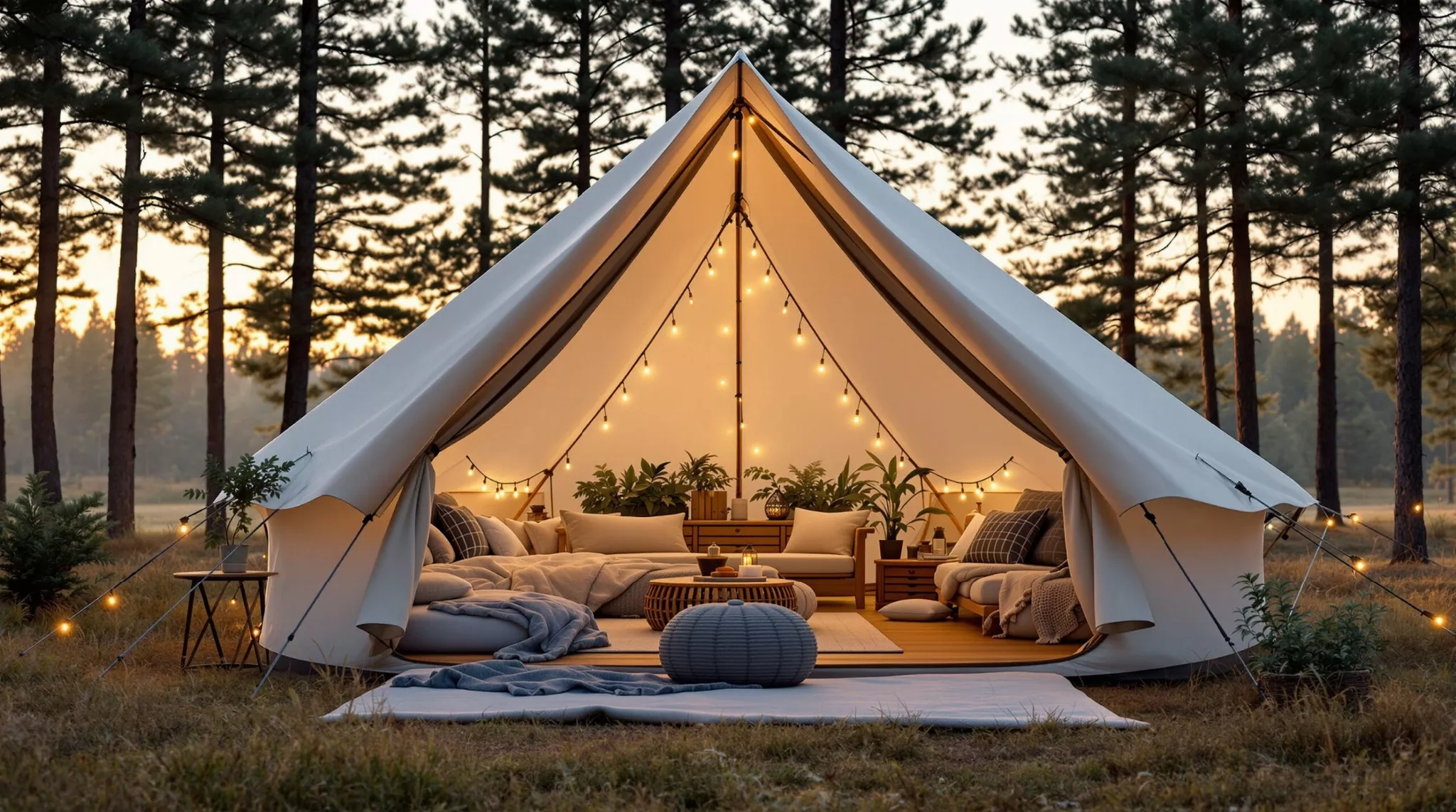 Glamping campsite in a forest at sunset